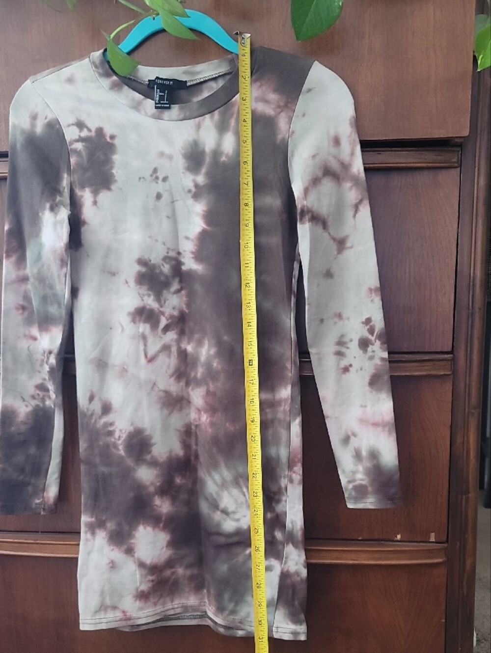 NWOT Forever 21 Women's Long Sleeve Tie-Dye Mini Bodycon Dress in Olive & Brown - Picture 6 of 8